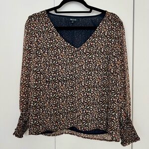 Madewell Floral V-Neck Blouse - Black and Pink